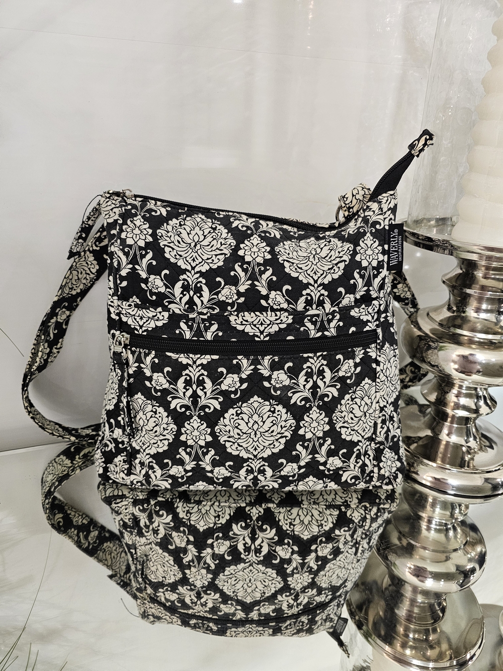 Waverly Black and White Damask Crossbody Bag